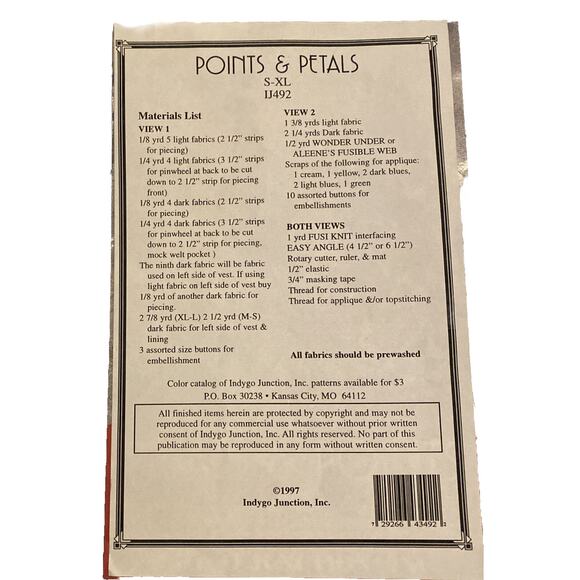 Petals & Points New Appliqué and Sewing Pattern Indigo Junction 492 Vest NEW - Picture 3 of 3